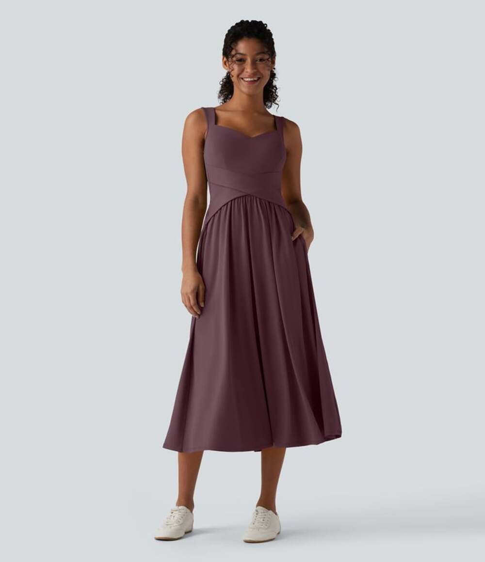 Halara Sleeveless Backless Crossover Flowy Midi Casual Dress Pockets Maroon XL